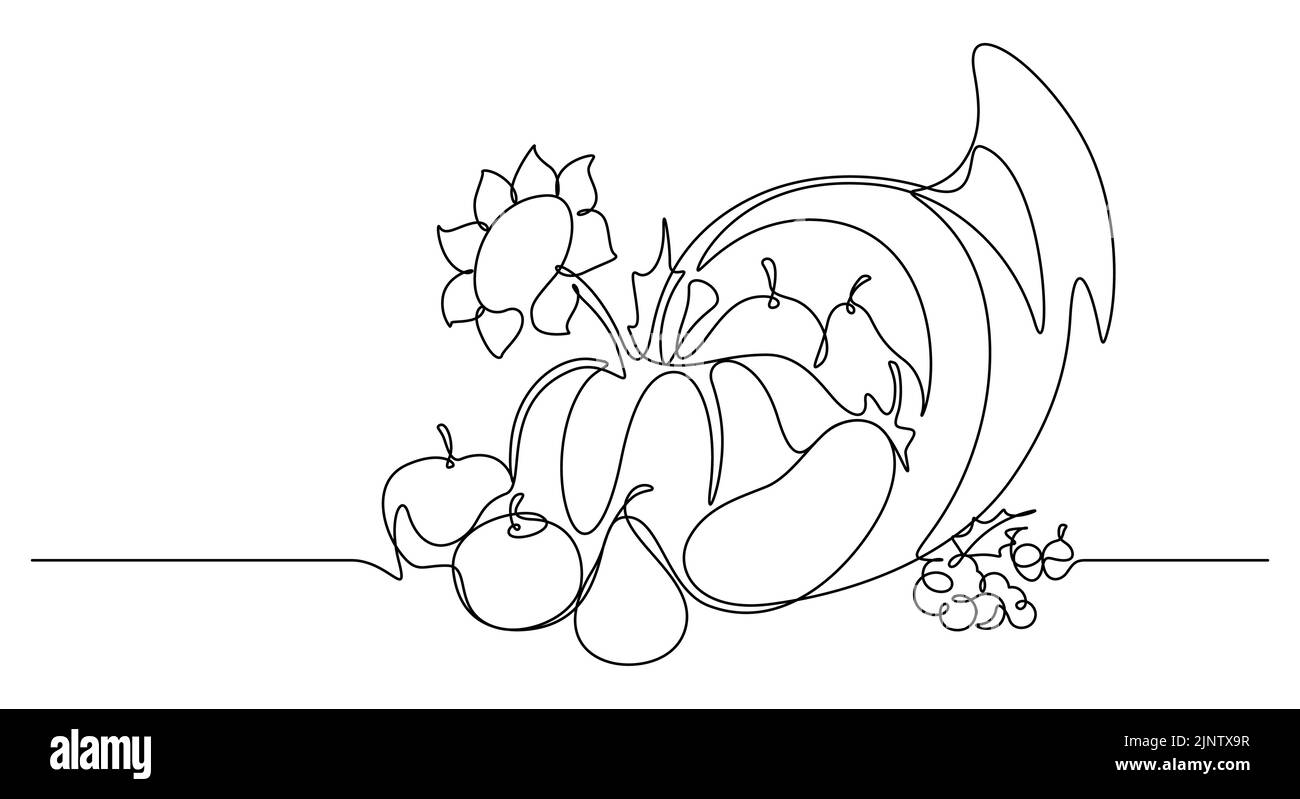 continuous line drawing style of cornucopia vector illustration. thanksgiving day background minimalism copy space. Stock Vector