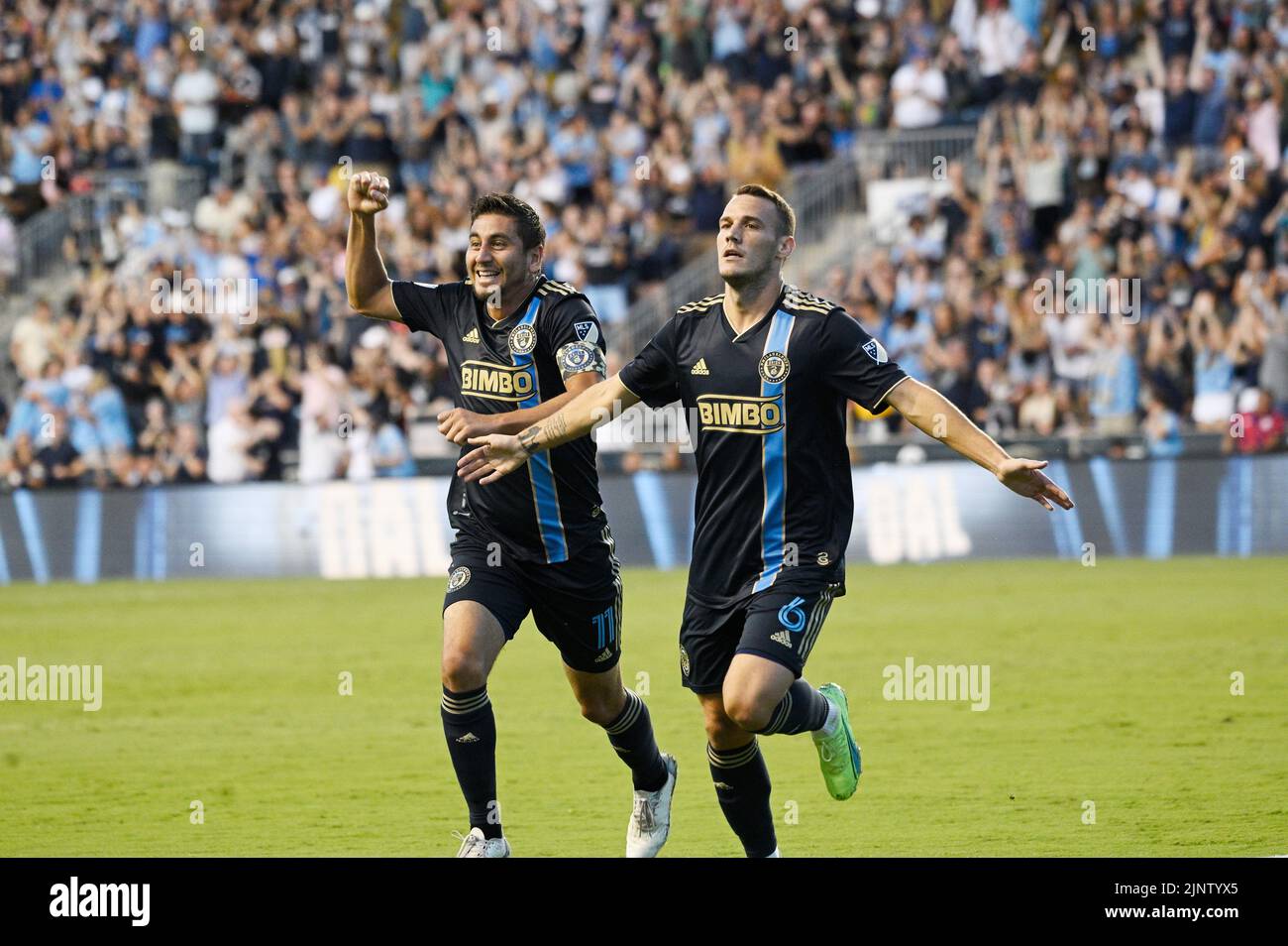 August 13, 2022: August13, 2022, Chester PA- Philadelphia Union players, DANIEL GAZDAG (6) ALEJANDRO BEDOYA (11) celebrate after Gazdag scored a goal during the match at Subaru Park in Chester PA (Credit Image: © Ricky Fitchett/ZUMA Press Wire) Stock Photo