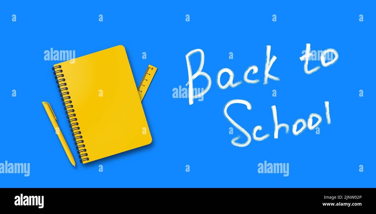 Back to school. Holiday for students. Small handwritten text back to school. Place for text. Education poster. Vector banner concept with notebook and Stock Vector