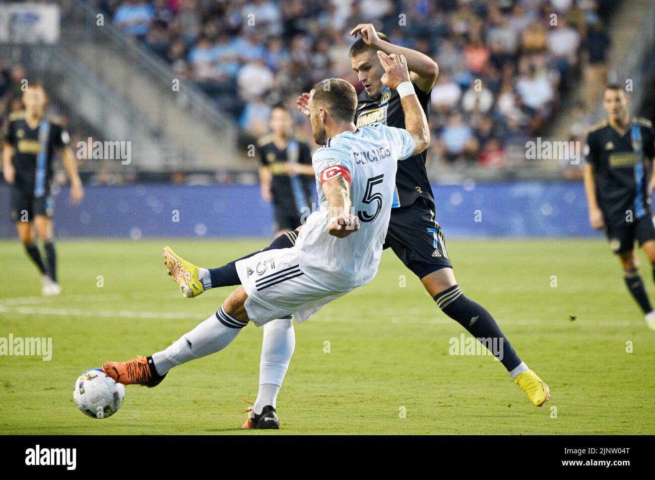 August 13, 2022: August13, 2022, Chester PA- Philadelphia Union player, MIKAEL UHRE (7) and Chicago player, RAFAEL CZICHOS (5) fight for the ball during the match at Subaru Park in Chester PA (Credit Image: © Ricky Fitchett/ZUMA Press Wire) Stock Photo