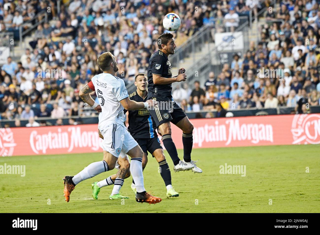 August 13, 2022: August13, 2022, Chester PA- Philadelphia Union player, ALEJANDRO BEDOYA (11) jumps for a header against the  Chicago Fire during the match at Subaru Park in Chester PA (Credit Image: © Ricky Fitchett/ZUMA Press Wire) Stock Photo