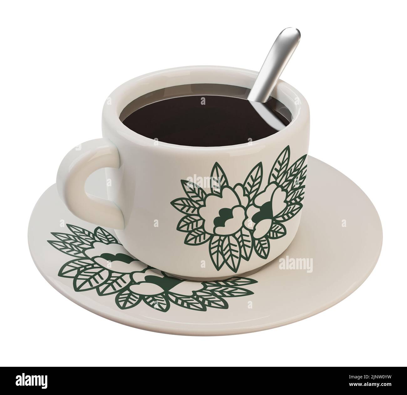 3D rendering Malaysian and Singapore traditional oriental style coffee isolated. Vintage floral pattern cup and plate set with tea spoon illustration Stock Photo