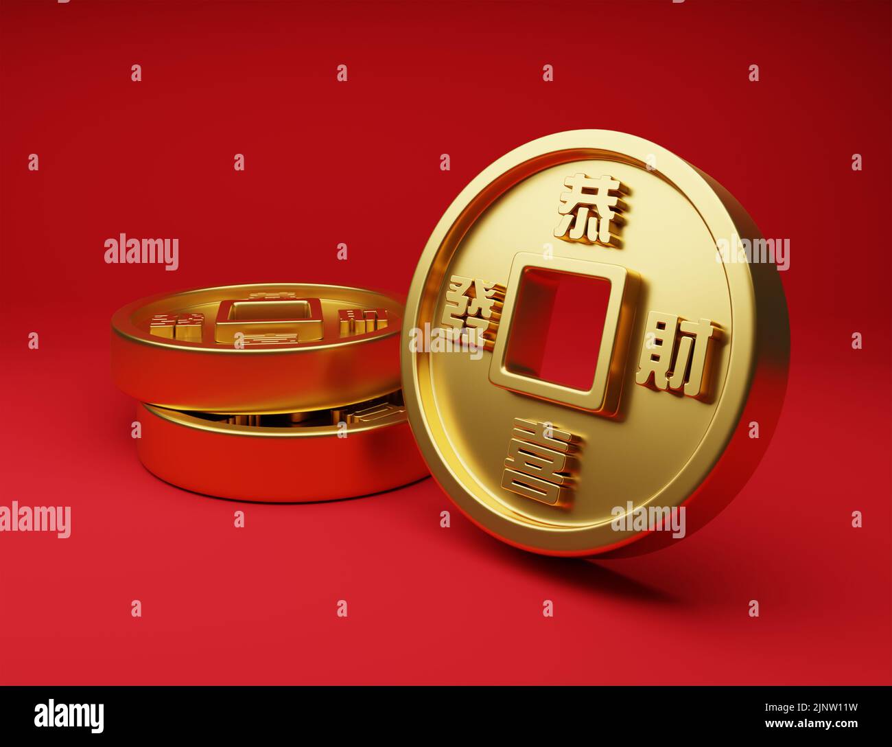 3D illustration realistic ancient gold ingot Chinese coin with square hole in centre for asian festival use on red background. Translate: May you have Stock Photo
