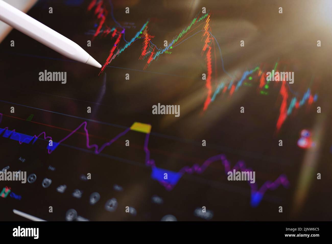 closeup man analysis stock chart for investment trading on screen and analysis graph. Business concept of broker trader Stock Photo