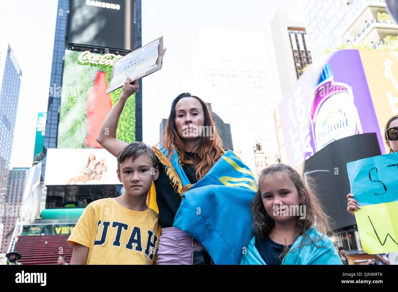 New York, NY - August 13, 2022: Protesters rally against Russian aggression towards Ukraine on Times Square Stock Photo