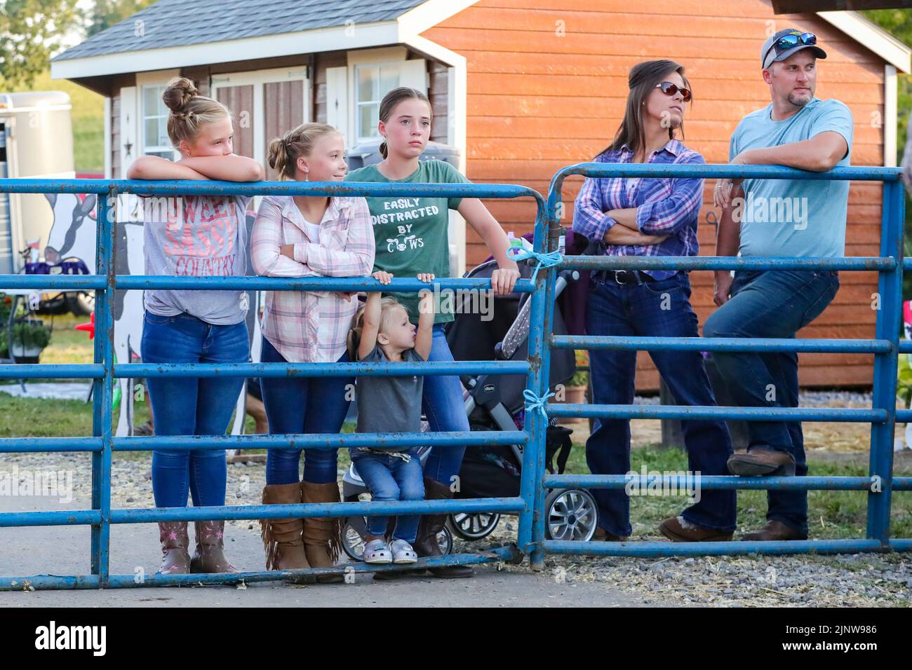 A family watches the mini horse pull competition at the MontourDeLong