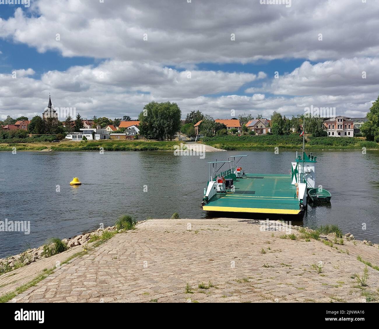 Westerhusen reaction ferry in Magdeburg, Germany, crossing the river Elbe. Stock Photo
