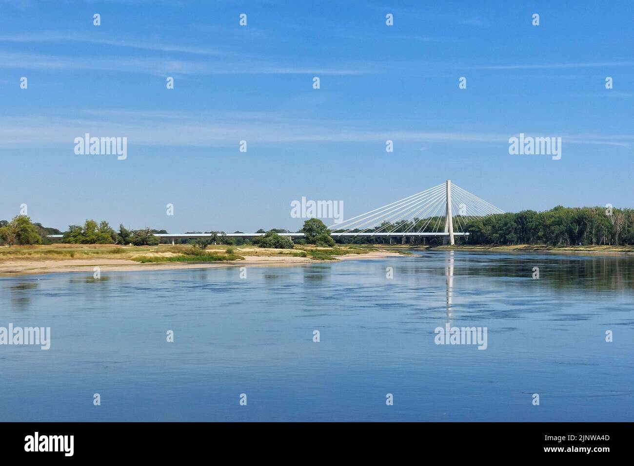 Modern suspension bridge over the river Elbe in Schoenebeck, Saxony-Anhalt, Germany. Stock Photo