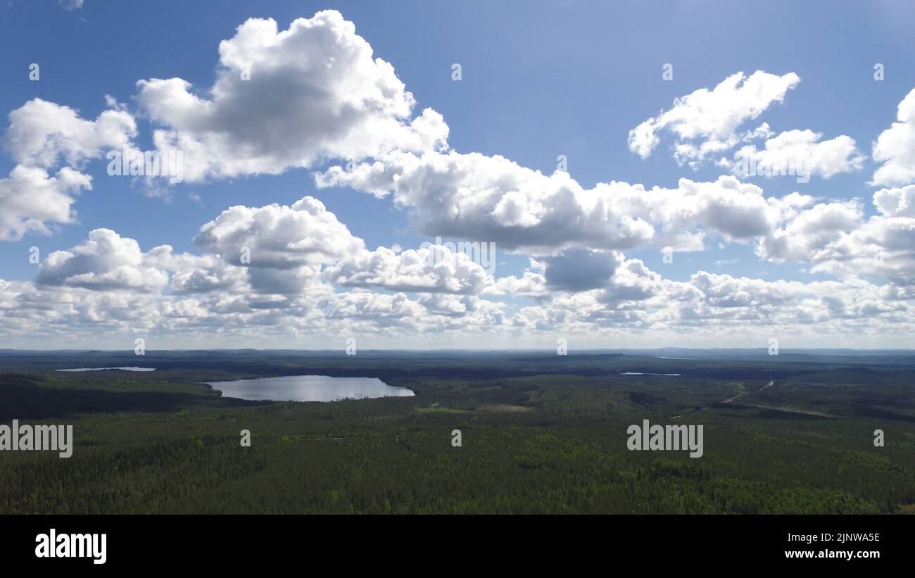 Aerial shot of landscape with forest and lakes in Swedish Lapland. Stock Photo