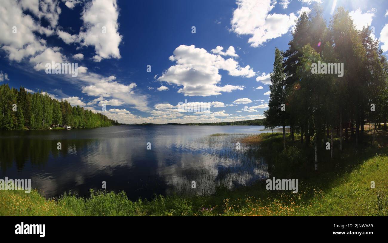 Summerly view over the lake Norsjon in northern Sweden. Stock Photo