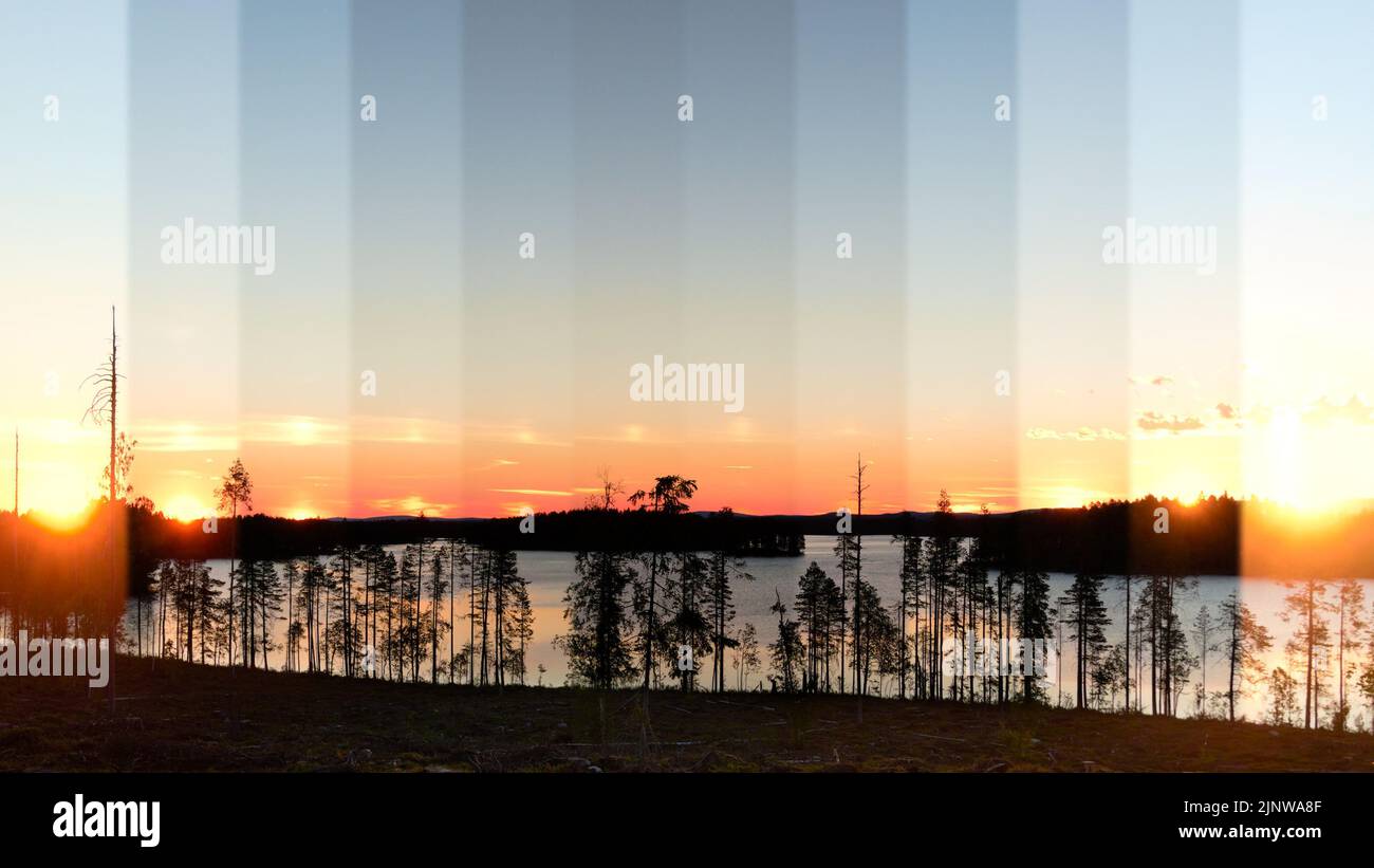 Time slice of the shortest night during midsummer in northern Sweden. Stock Photo