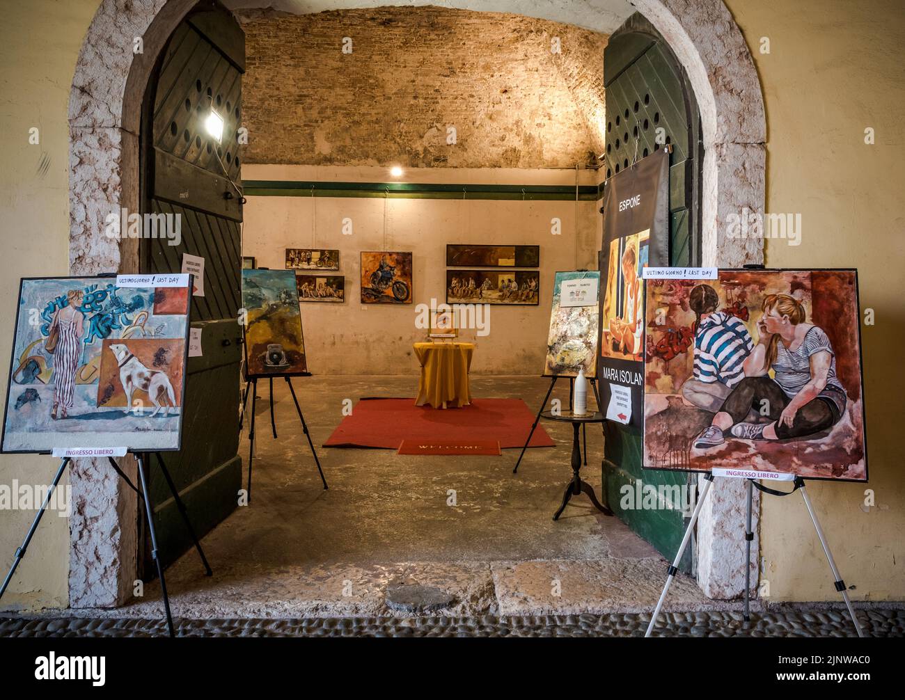 personal exhibition of the artist Mara Isolani - Peschiera del Garda city - Garda lake, Veneto region of northern Italy, Europe Stock Photo