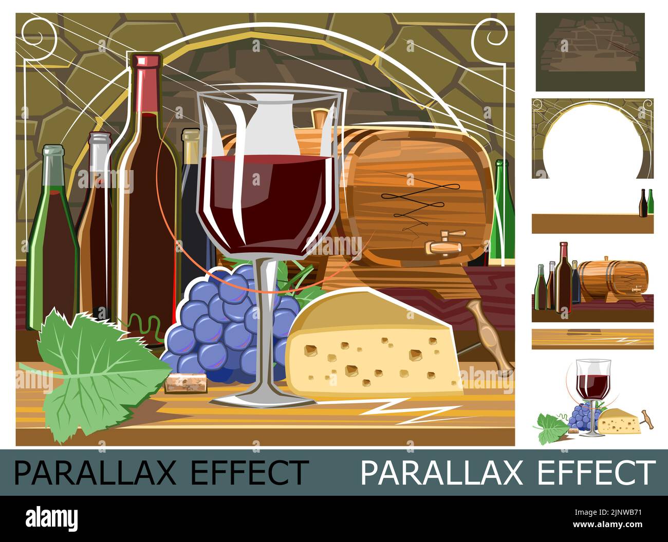 Wine tasting in wine cellar. Emblem. Image from layers for overlay with parallax effect. Red grape wine, bottles, glass and wooden barrel. Symbolic Stock Vector