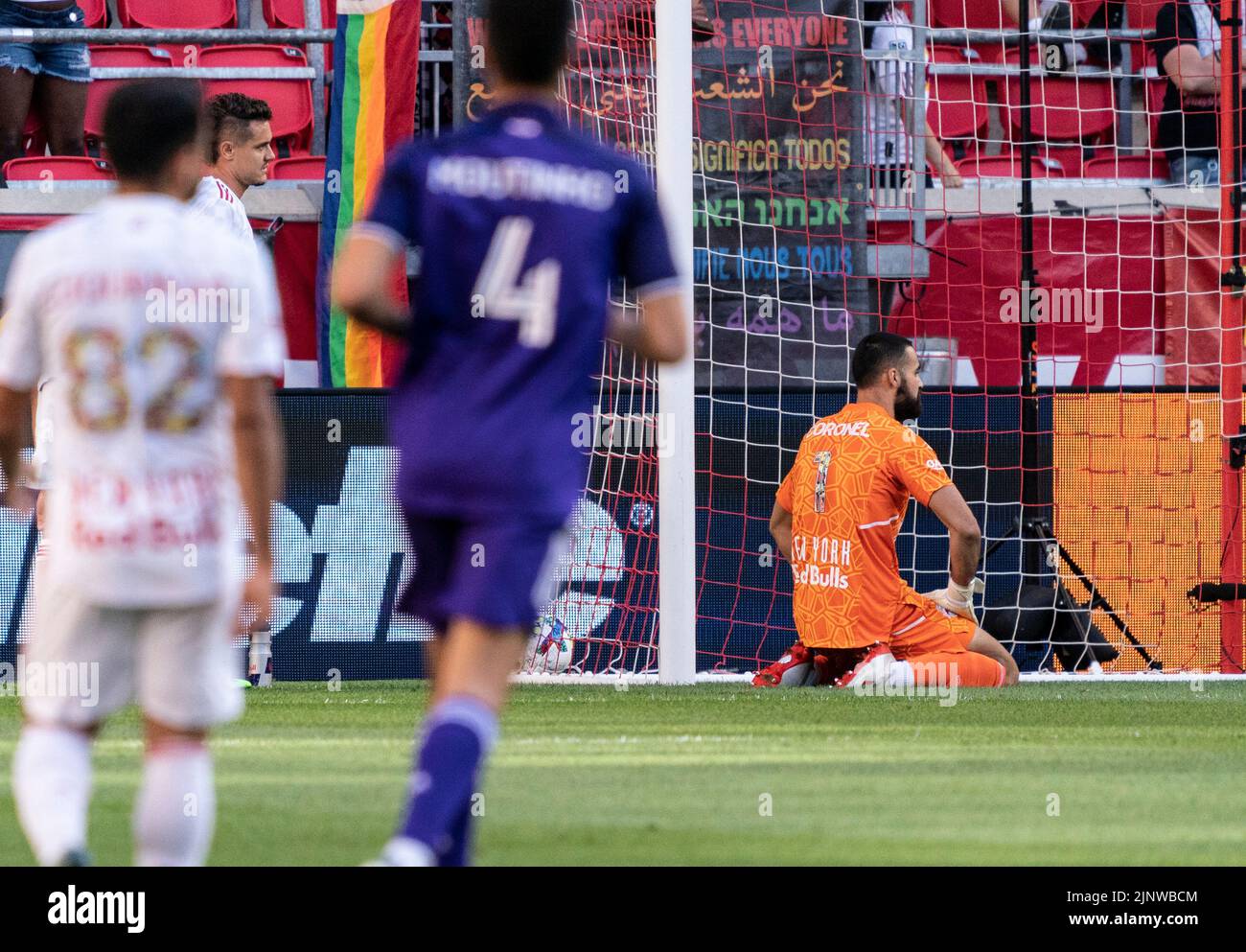 Harrison, NJ - August 13, 2022: Goalkeeper Carlos Coronel (1) of Red Bulls reacts after allowing goal during MLS regular season game against Orlando City FC at Red Bull Arena Stock Photo