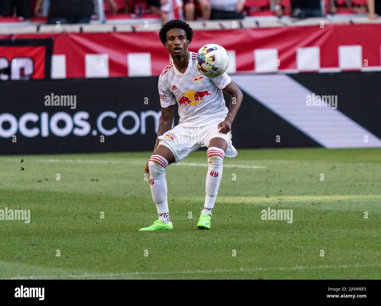 Harrison, NJ - August 13, 2022: Kyle Duncan (6) of Red Bulls controls ball during MLS regular season game against Orlando City FC at Red Bull Arena Stock Photo