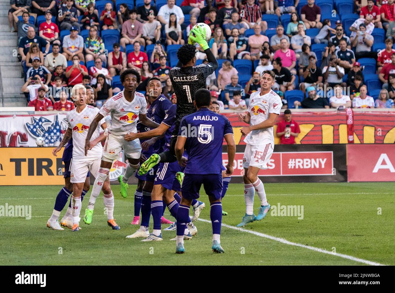 Harrison, NJ - August 13, 2022: Goalkeeper Pedro Gallese (1) of Orlando FC saves during MLS regular season game against Red Bulls at Red Bull Arena Stock Photo