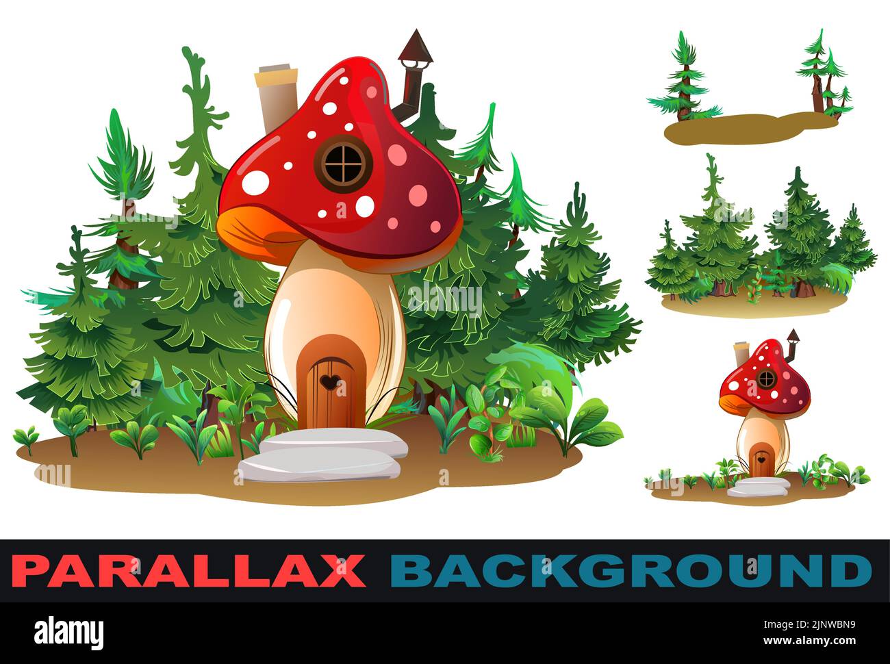 Fly agaric house among grass in meadow. Set parallax effect. Cartoon fairy tale illustration. Insect dwelling. Isolated on white background. Vector. Stock Vector