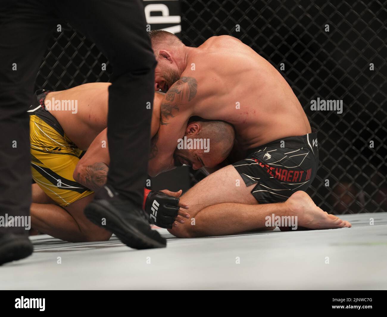 SAN DIEGO, CA - AUGUST 13: (L-R) Gerald Meerschaert (top) attempts to submit Bruno Silva in their Middleweight bout during the UFC Fight Night: Vera v Cruz event at Pechanga Arena on August 13, 2022, in San Diego, California, United States. (Photo by Louis Grasse/PxImages) Stock Photo