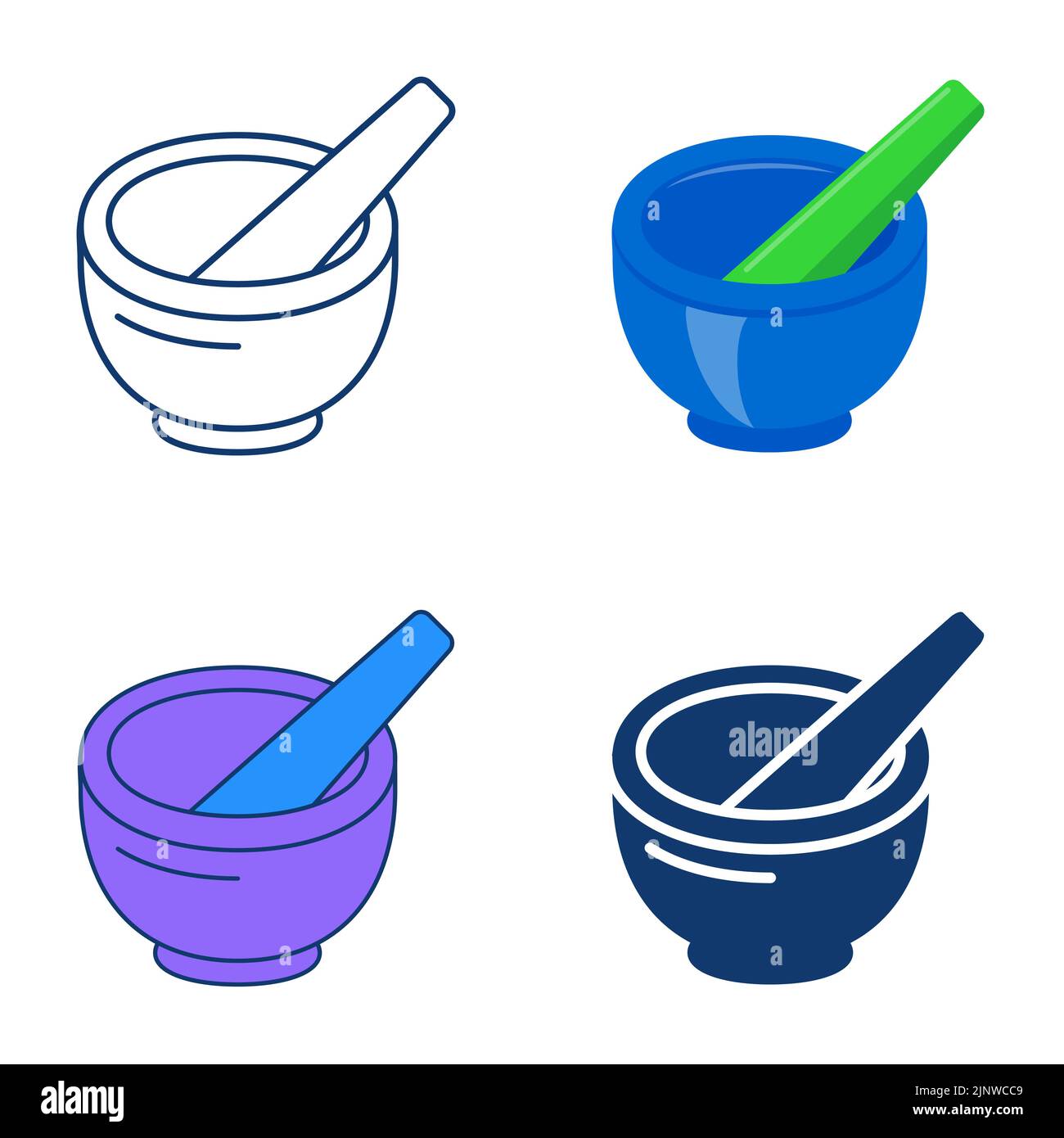 Pestle and mortar icon set in flat and line style. Chemical laboratory equipment symbol. Vector illustration. Stock Vector