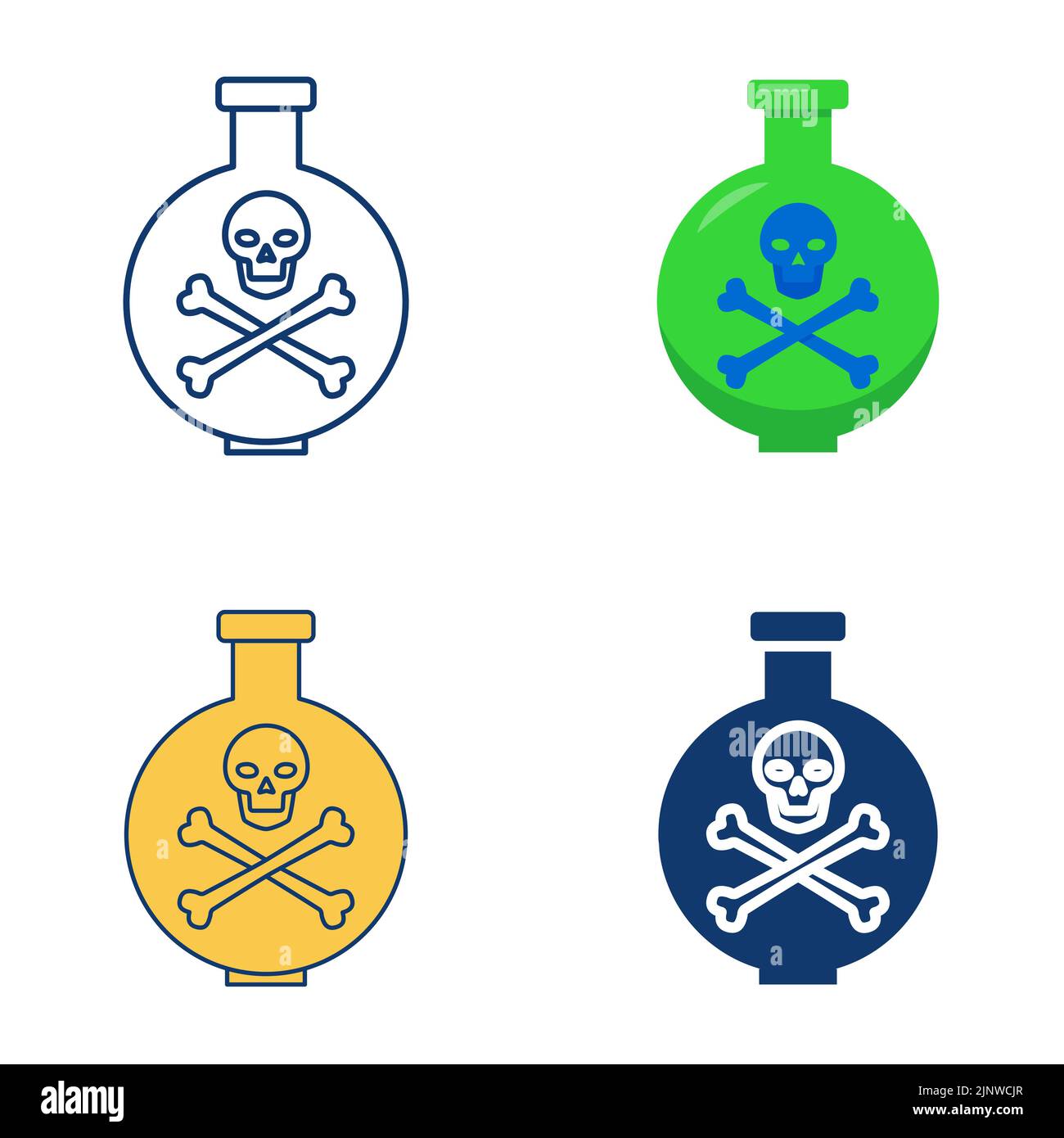 Chemical flask with poison icon set in flat and line style. Laboratory