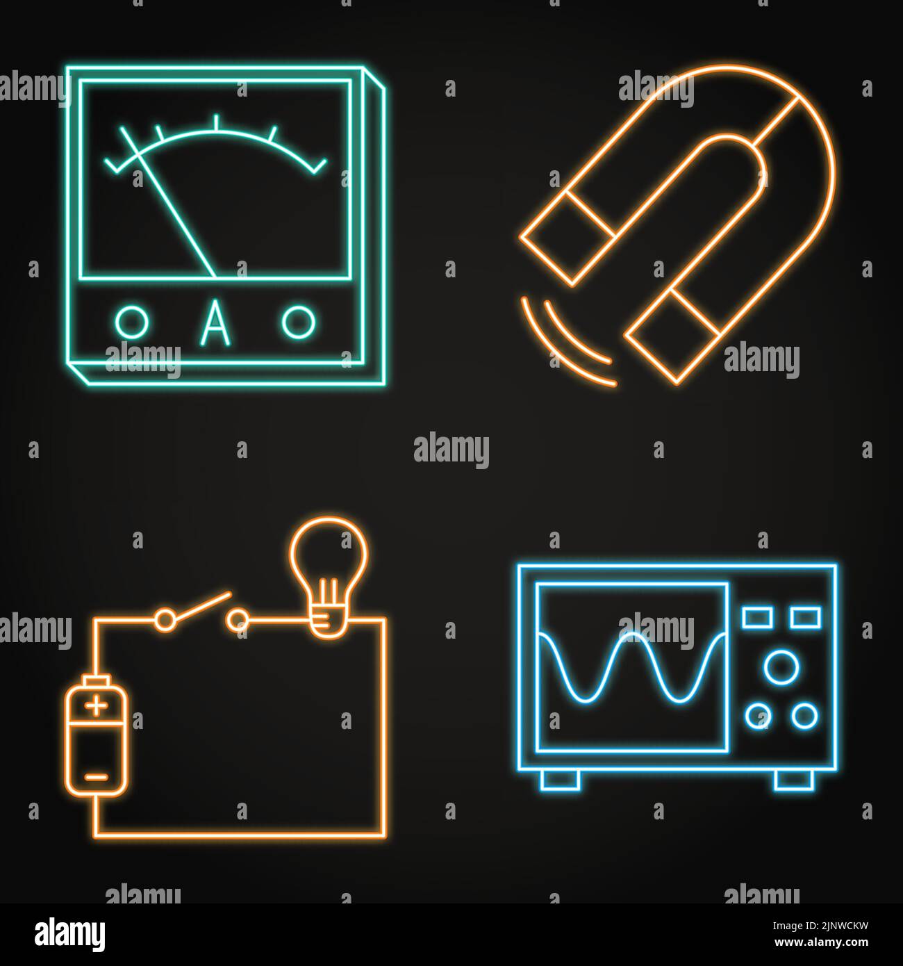 Physics neon icon set in line style. Electric circuit scheme, magnetic force, ammeter and oscilloscope symbols. Vector illustration. Stock Vector