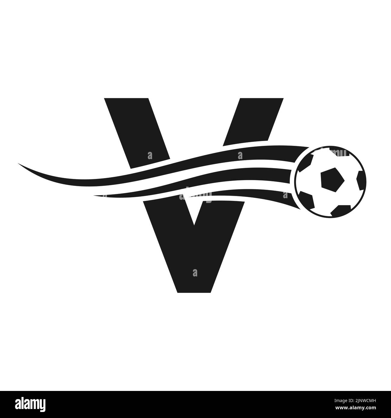 Soccer Football Logo On Letter V Sign. Soccer Club Emblem Concept Of Football Team Icon Stock