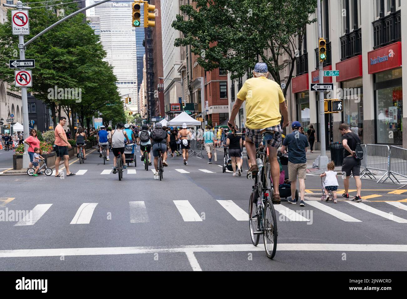 New York, NY - August 13, 2022: People participate in Summer Streets program free of car traffic starting at City Hall and along Centre street and Park Avenue till Harlem Stock Photo