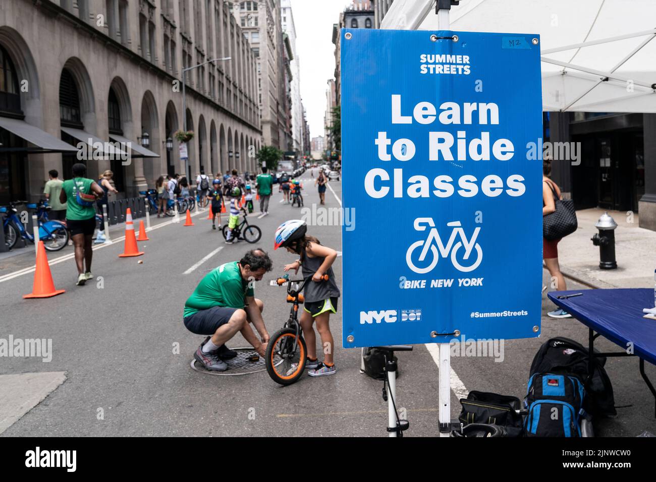 New York, NY - August 13, 2022: People participate in Summer Streets program free of car traffic starting at City Hall and along Centre street and Park Avenue till Harlem Stock Photo