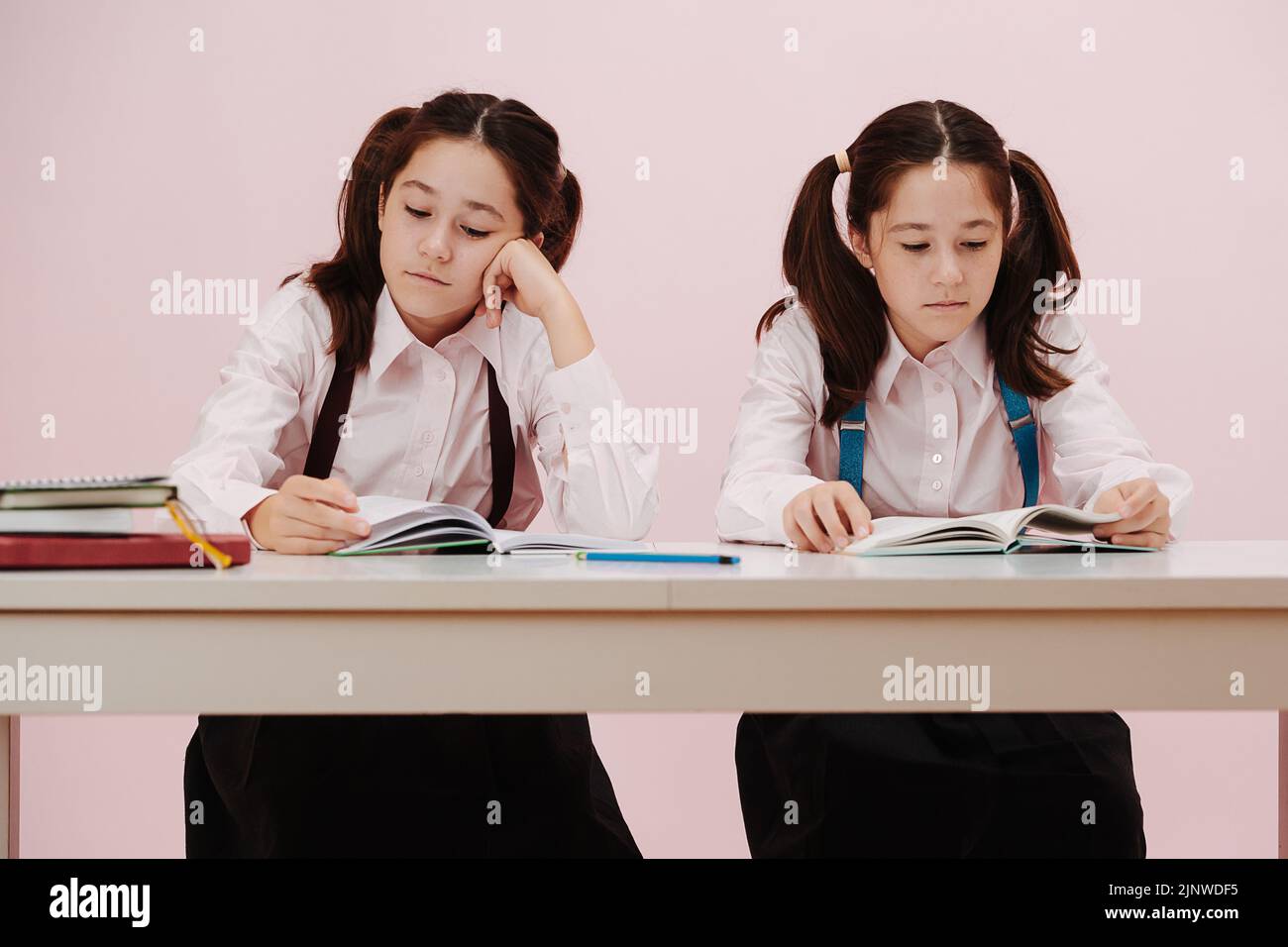 A bit bored schoolgirl twins learning from textbooks, sitting behind the desk at school. They are wearig twintails, shirts and suspenders. over pink b Stock Photo