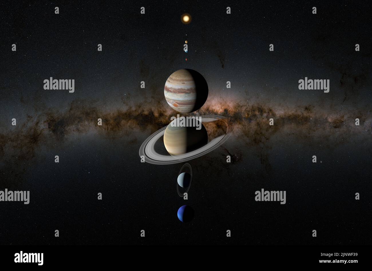 Planets of our solar system - Mercury, Venus, Earth, Mars, Jupiter, Saturn, Uranus, and Neptune - 3d illustration, front view Stock Photo