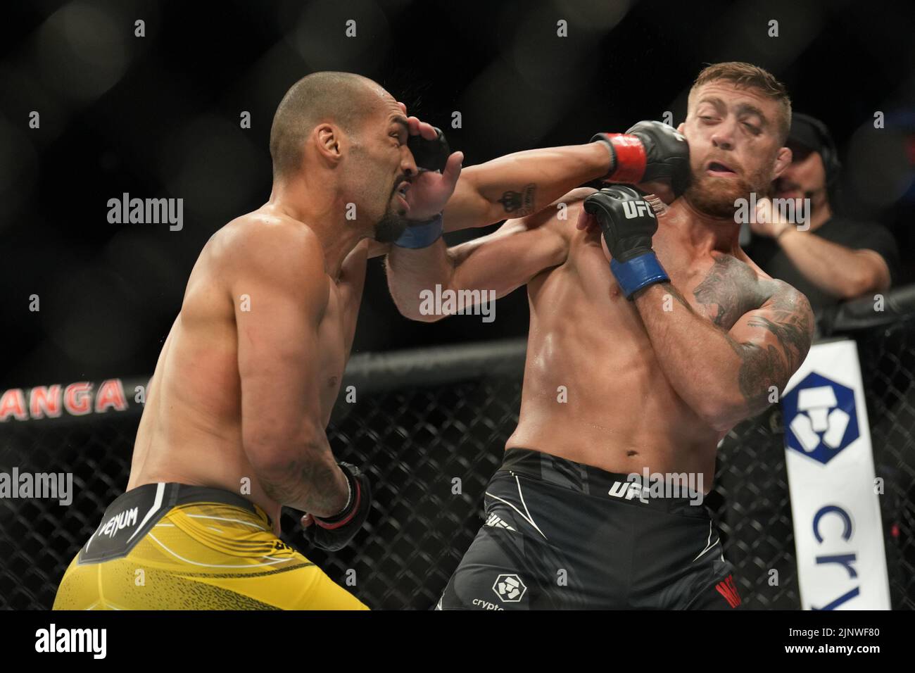 August 13, 2022, San Diego, California, San Diego, CA, United States: SAN DIEGO, CA - AUGUST 13: (L-R) Bruno Silva punches Gerald Meerschaert in their Middleweight bout during the UFC Fight Night: Vera v Cruz event at Pechanga Arena on August 13, 2022, in San Diego, California, United States. (Credit Image: © Louis Grasse/PX Imagens via ZUMA Press Wire) Stock Photo