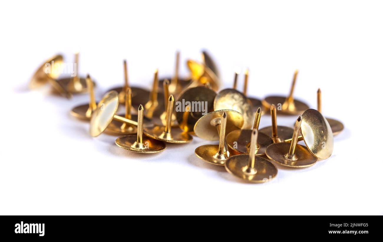 Yellow office pins isolated on white background. Thumbtacks, object ...
