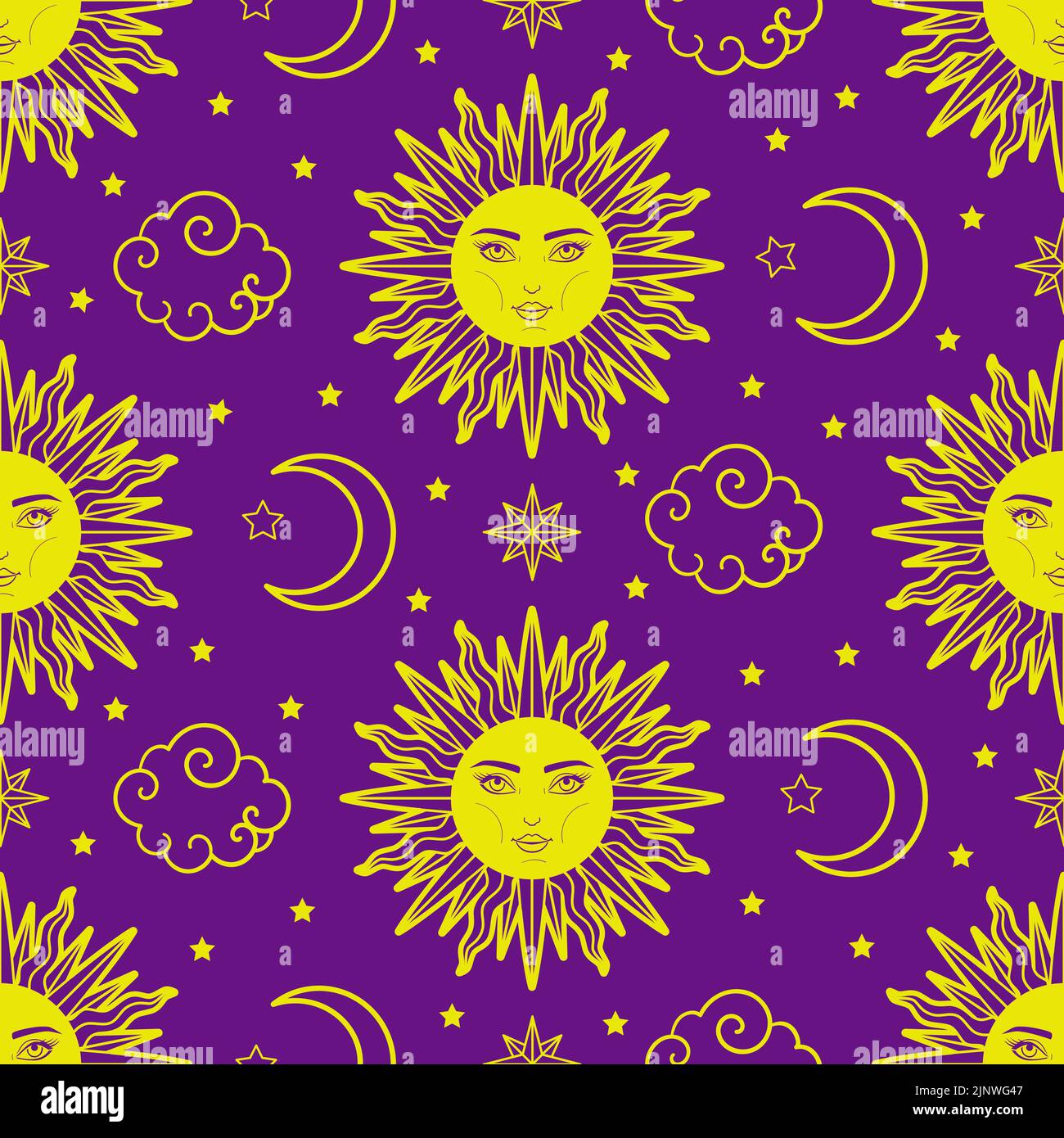 Seamless pattern with sun and crescent on purple background. Vector ...