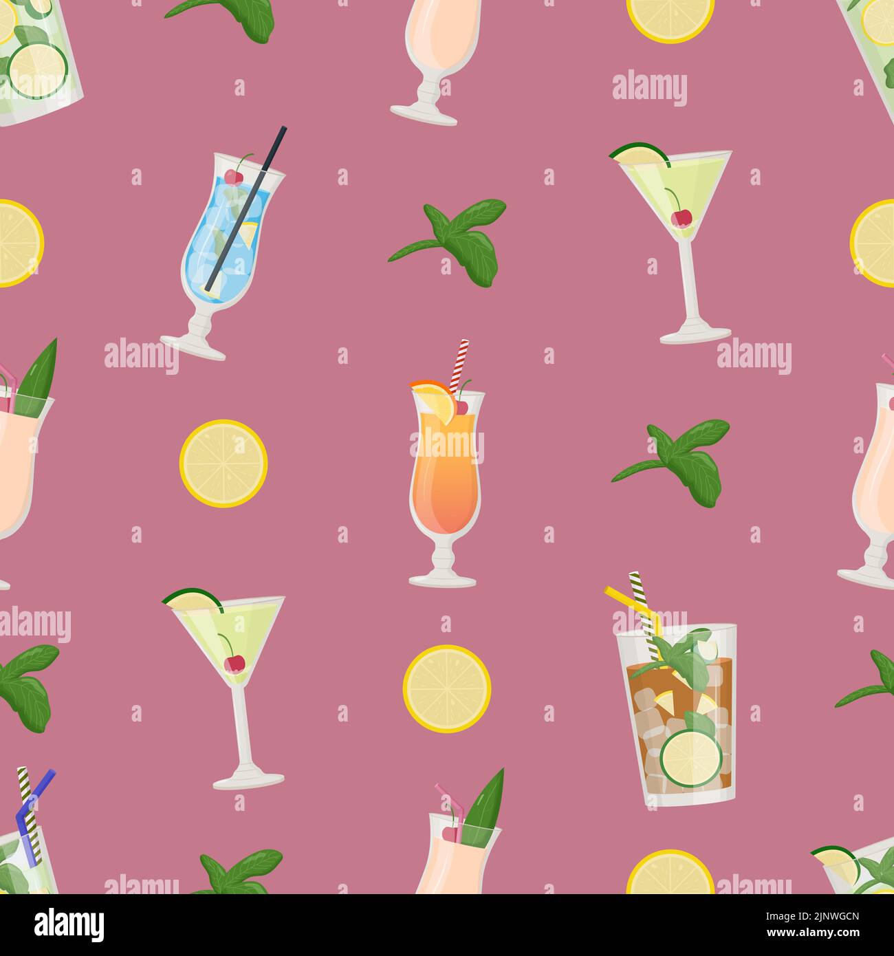 Summer alcoholic drinks seamless pattern, tropical cocktails. Flat vector illustration. Stock Vector
