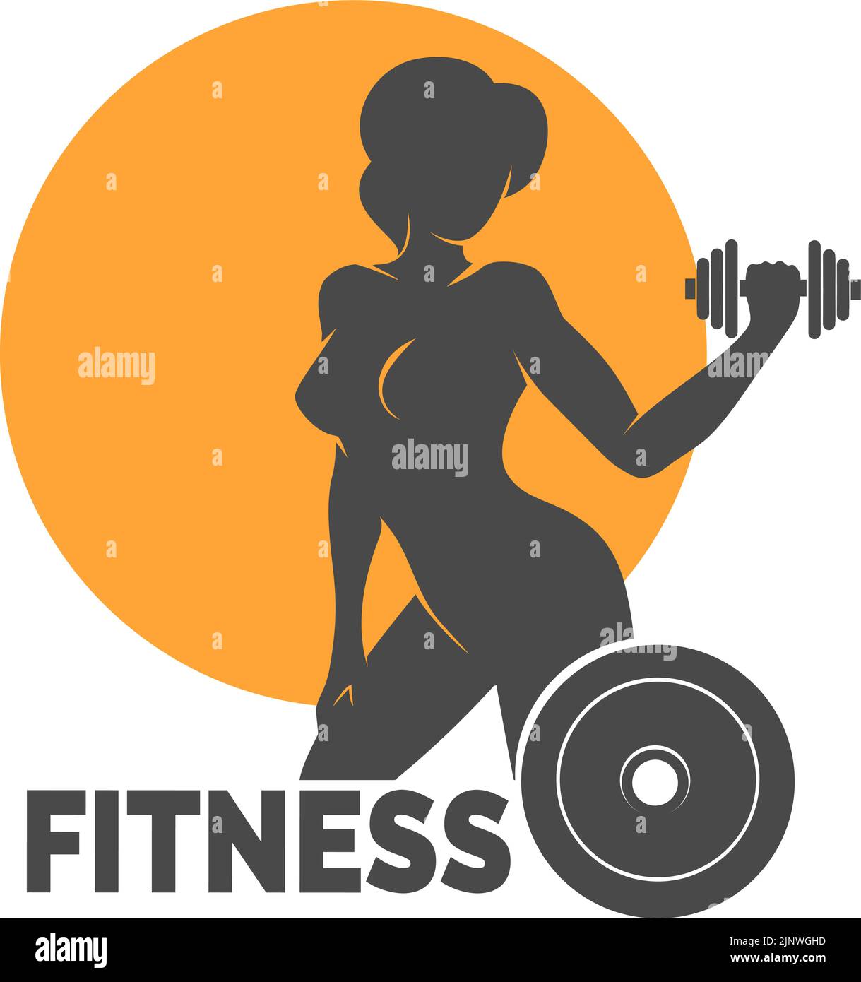 Fitness club logo or emblem . Woman holds dumbbells. Vector illustration Isolated on white background. Stock Vector