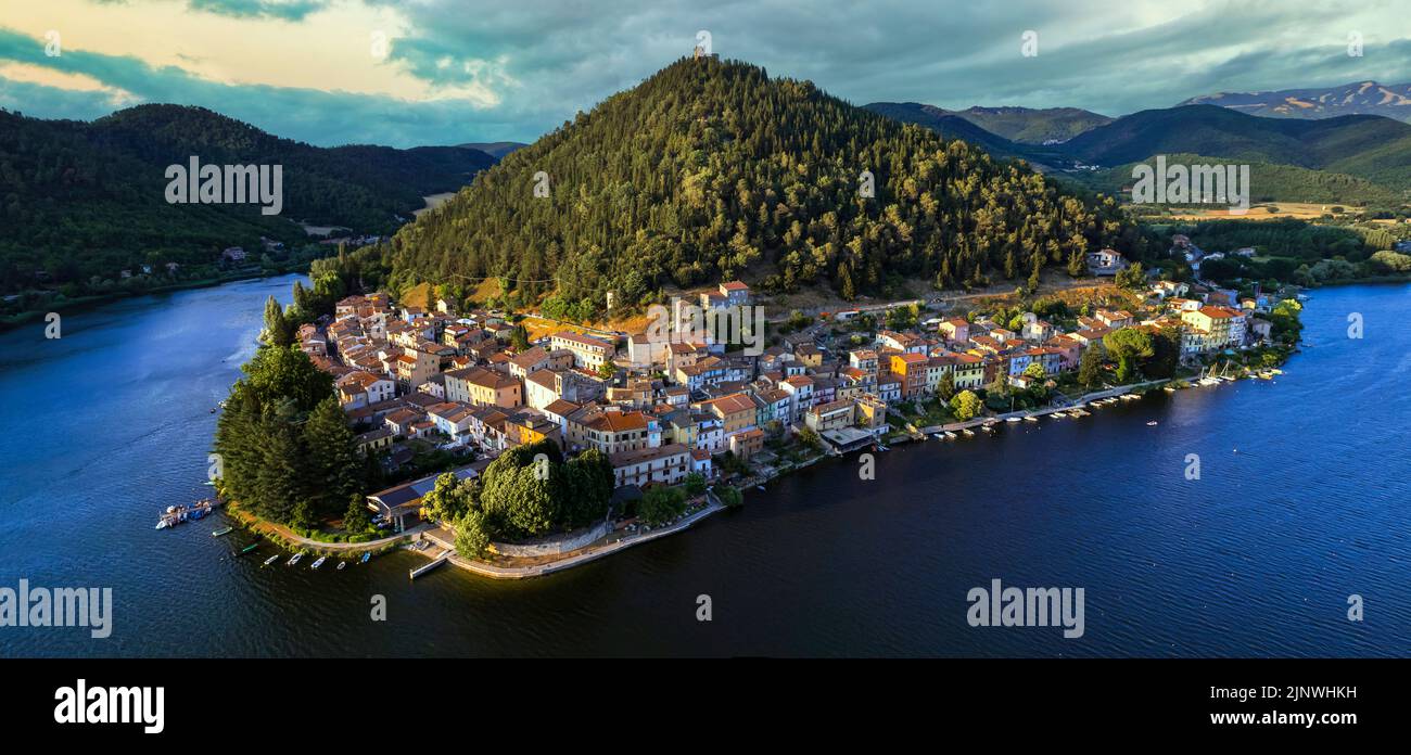Most beautiful scenic Italian lakes - small picturesque lake Piediluco with colorful houses in Umbria, Terni province. Aerial panoramic view Stock Photo