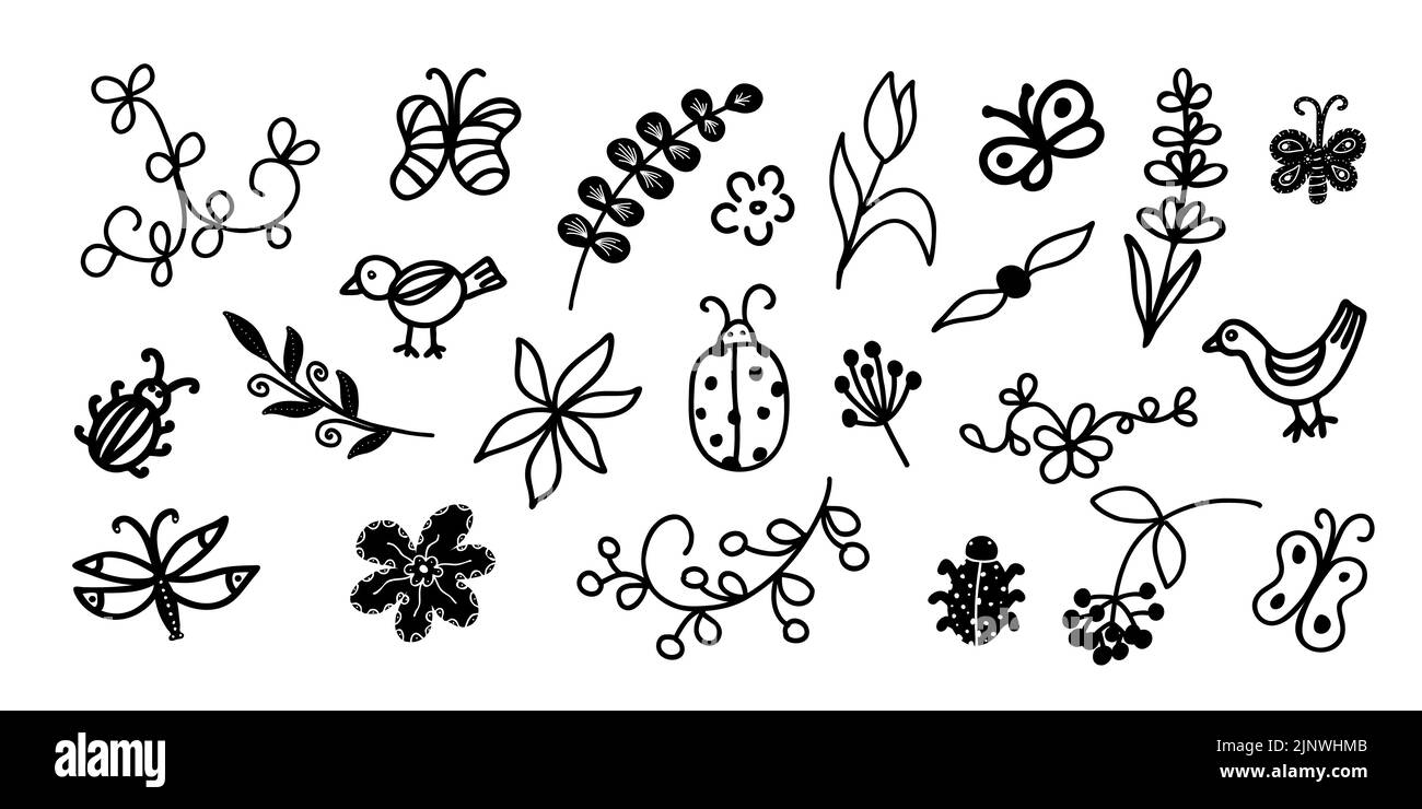 Big set with vector plants, insects, butterflies. Doodle illustration with various flowers and plant branches. Clip art, line art Stock Vector