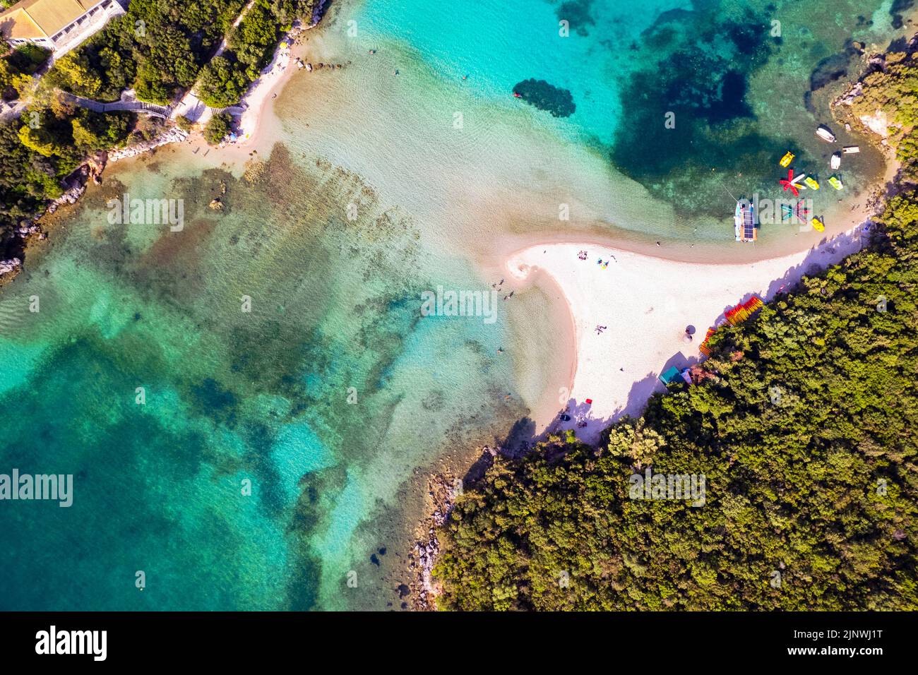 Sivota - stunning aerial view of turquoise sea known as Blue Lagoon and unique beach Bella Vraka. Epirus, Greece Stock Photo