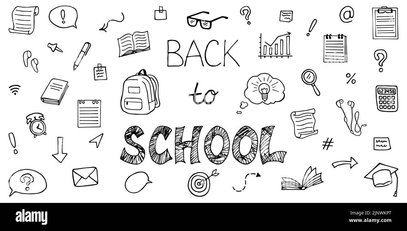 The inscription Back to school. Black lettering with set of hand drawn icons. Vector illustration in doodle style isolated on white background Stock Vector