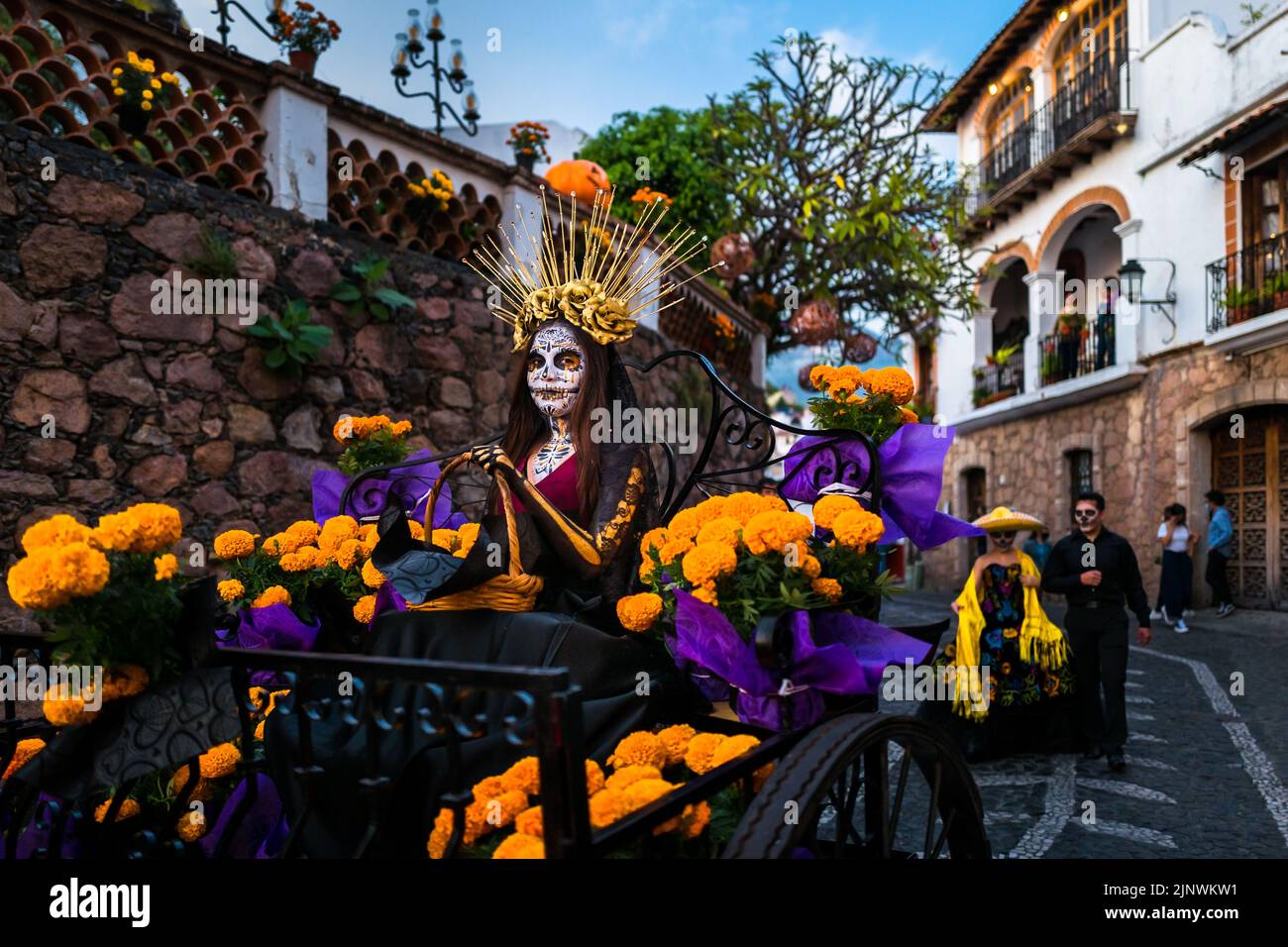A Mexican girl, dressed as La Catrina rides a carriage during the Day ...