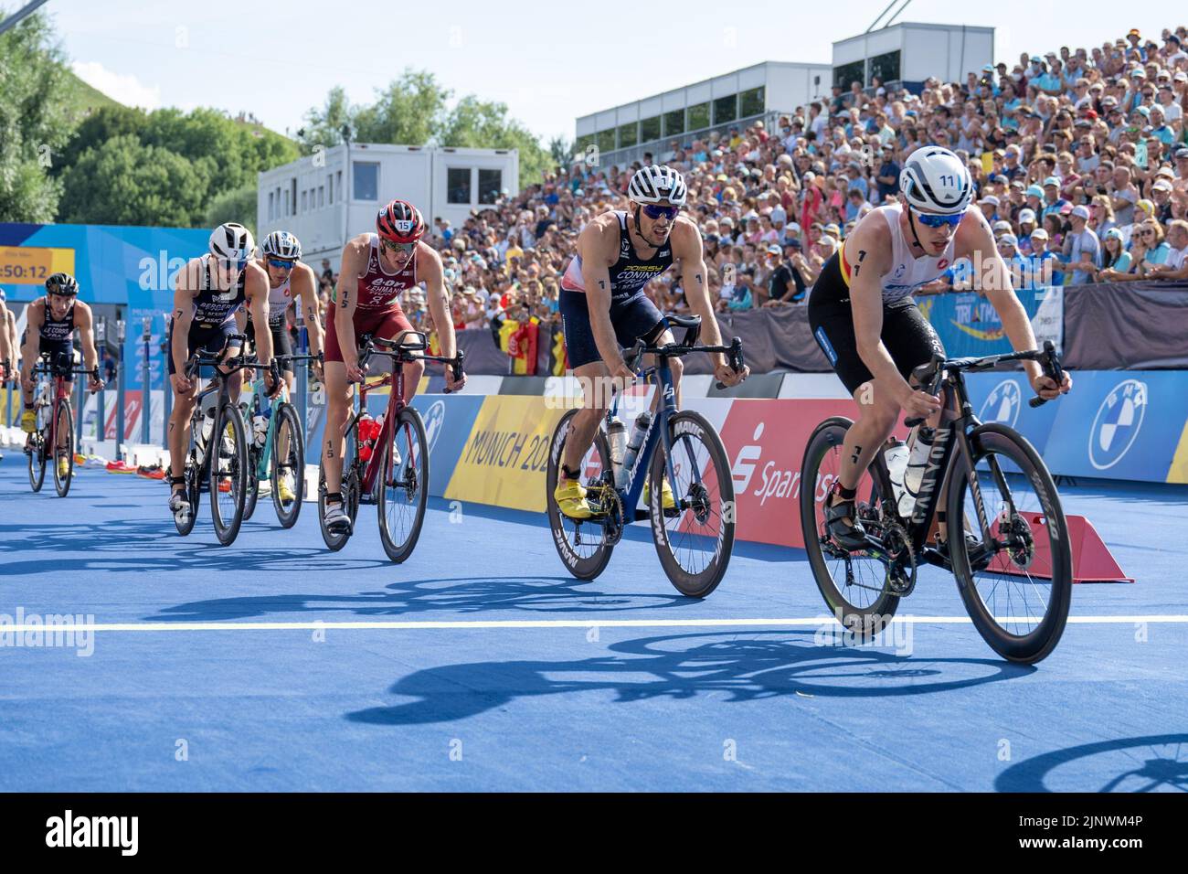 Munich, Germany. 13th Aug, 2022. European Championships, Triathlon, 39.2 km bike, men: Dorian Coninx (France) and Tim Hellwig (Germany) in action. Credit: Ulrich Gamel/Kolbert-Press/dpa/Alamy Live News Stock Photo