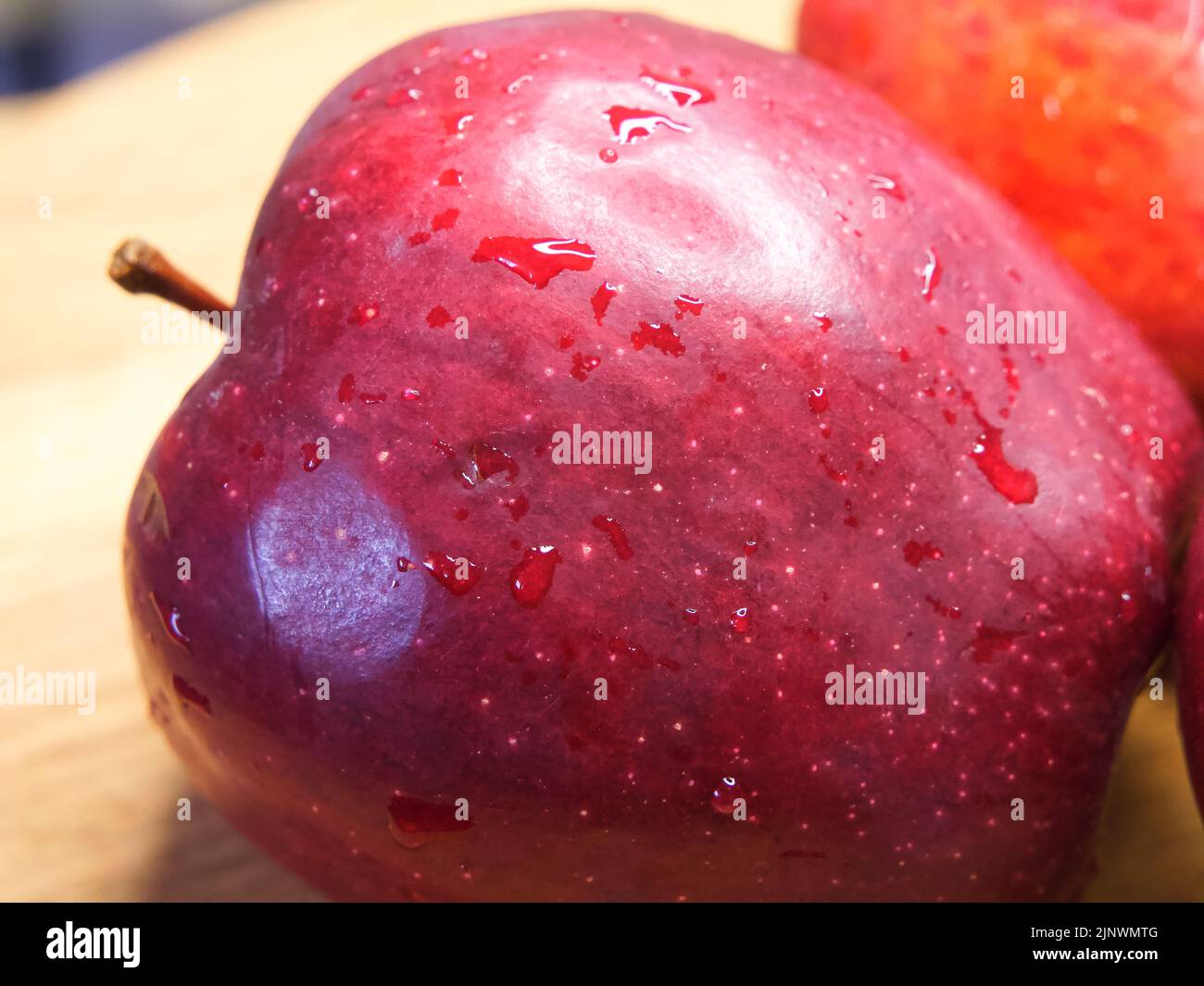 A large red apple of the Red Chief variety, closeup. Droplets of water