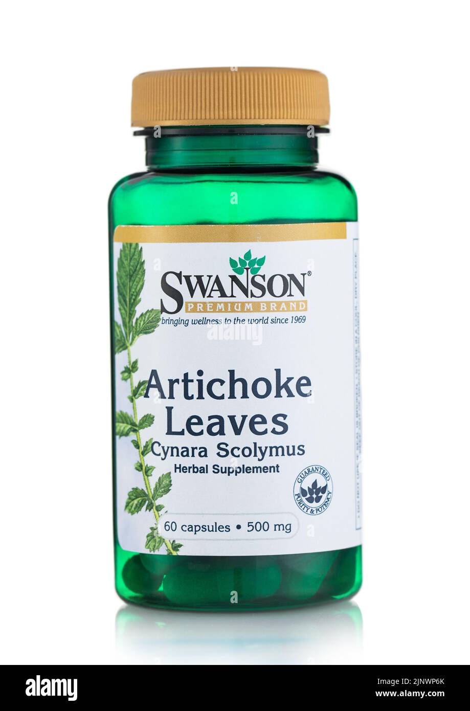 LONDON, UK - JUNE 22, 2022: Swanson Artichoke leaves herbal supplement capsules on white. Stock Photo