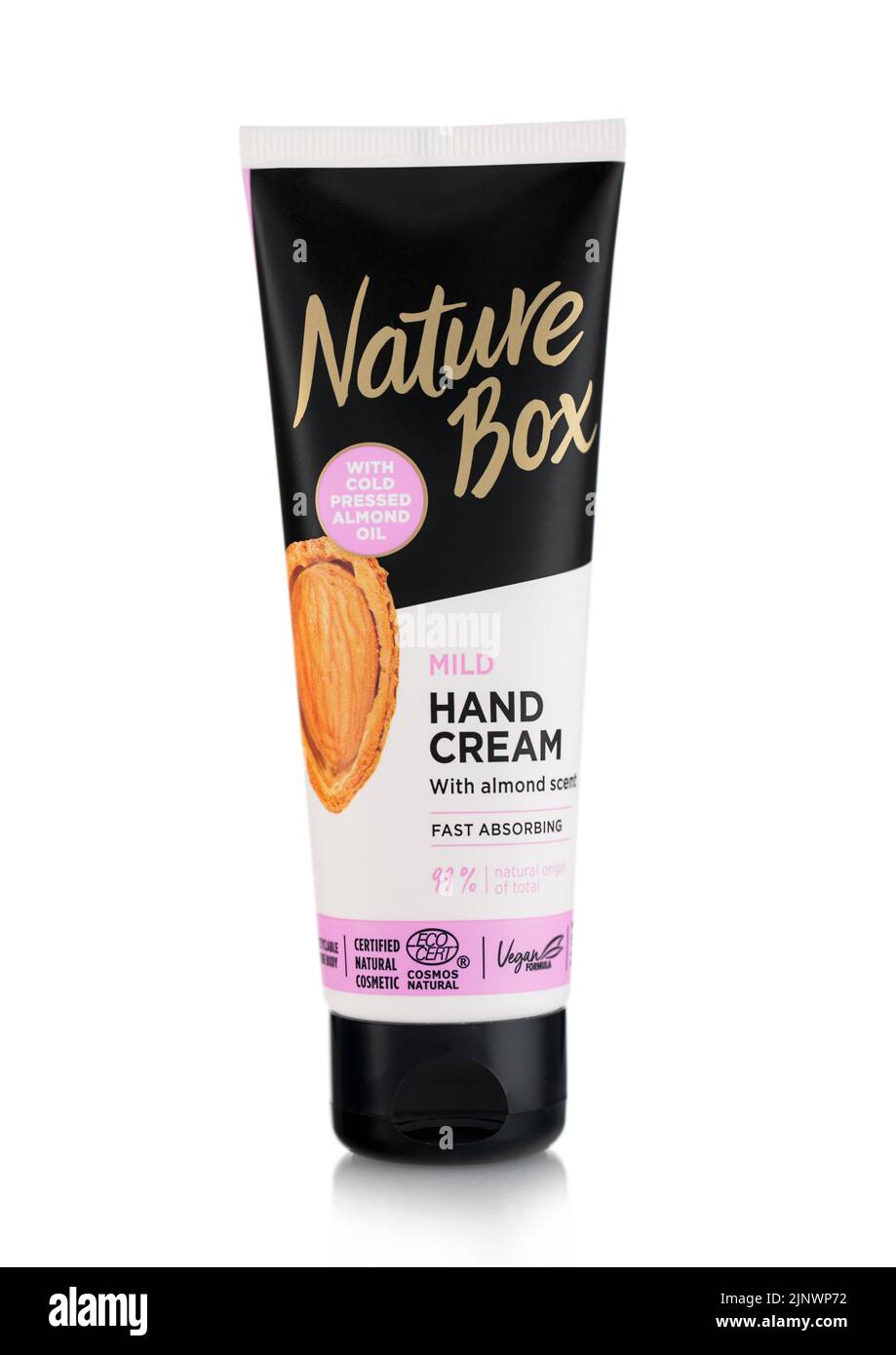 LONDON, UK - JULY 06, 2022: Nature Box hand cream fast absorbing with almond on white. Stock Photo