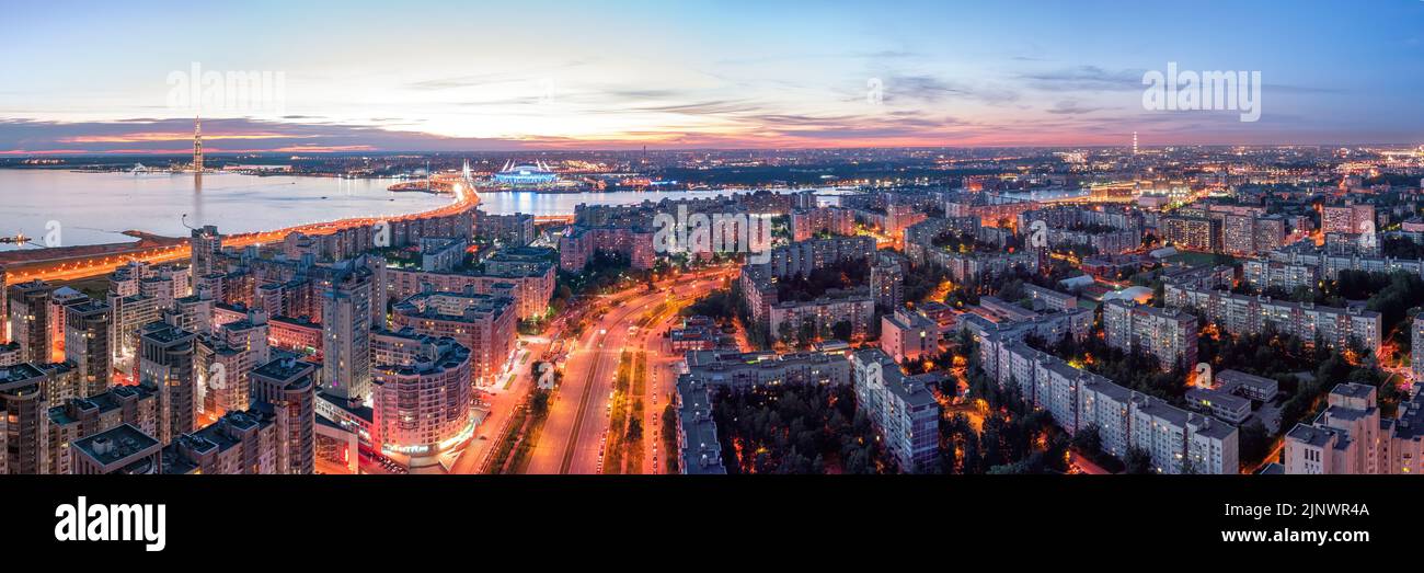 Saint Petersburg, Russia large aerial panoramic view at night. Large illuminated city night aerial view Stock Photo