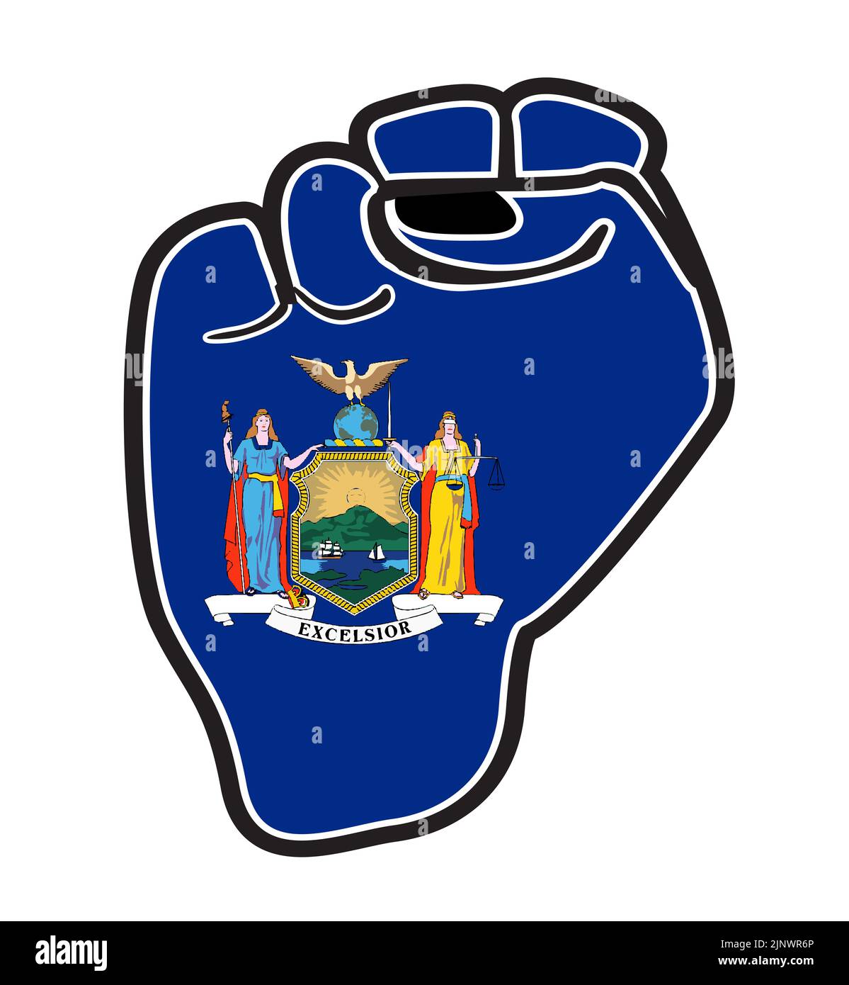 A black outline power fist over the New York state flag icons isolated