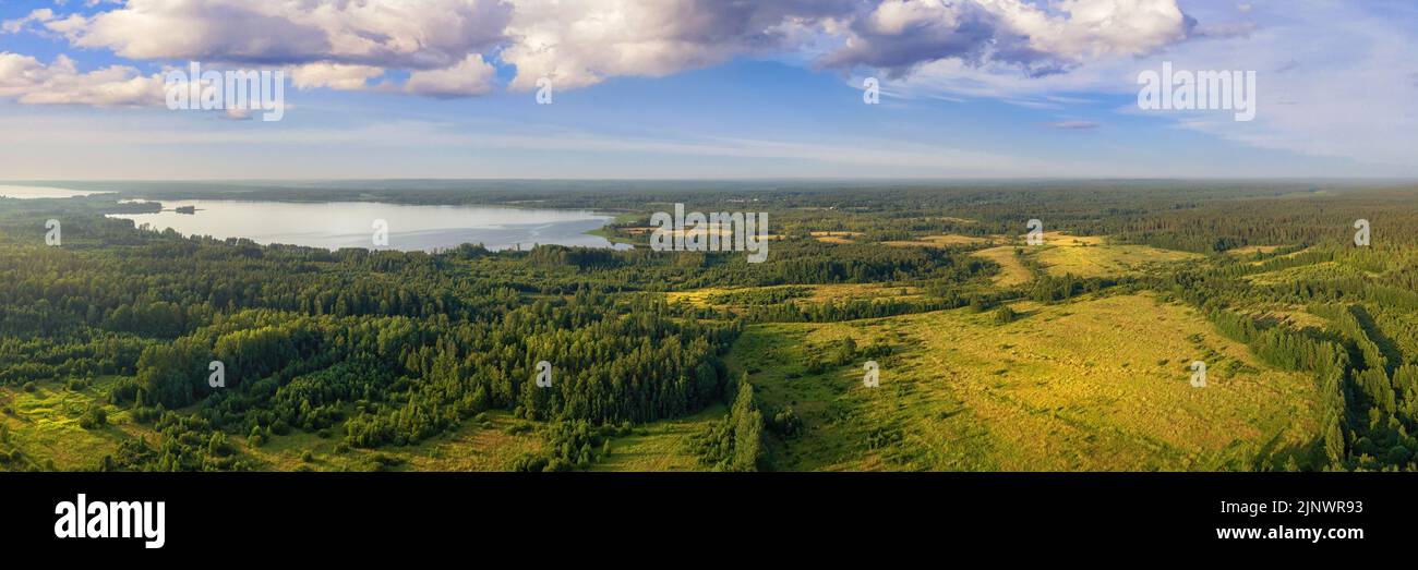 Green fields and dark forest aerial panoramic view. Aerial landscape with agricultural fields and dark forests at sunny day Stock Photo