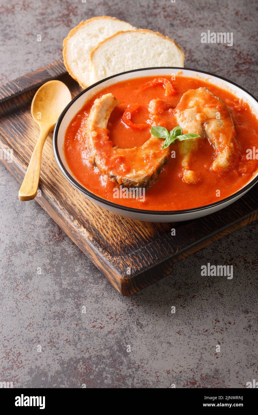 Traditional Hungarian fish soup Halaszle is bright red and is