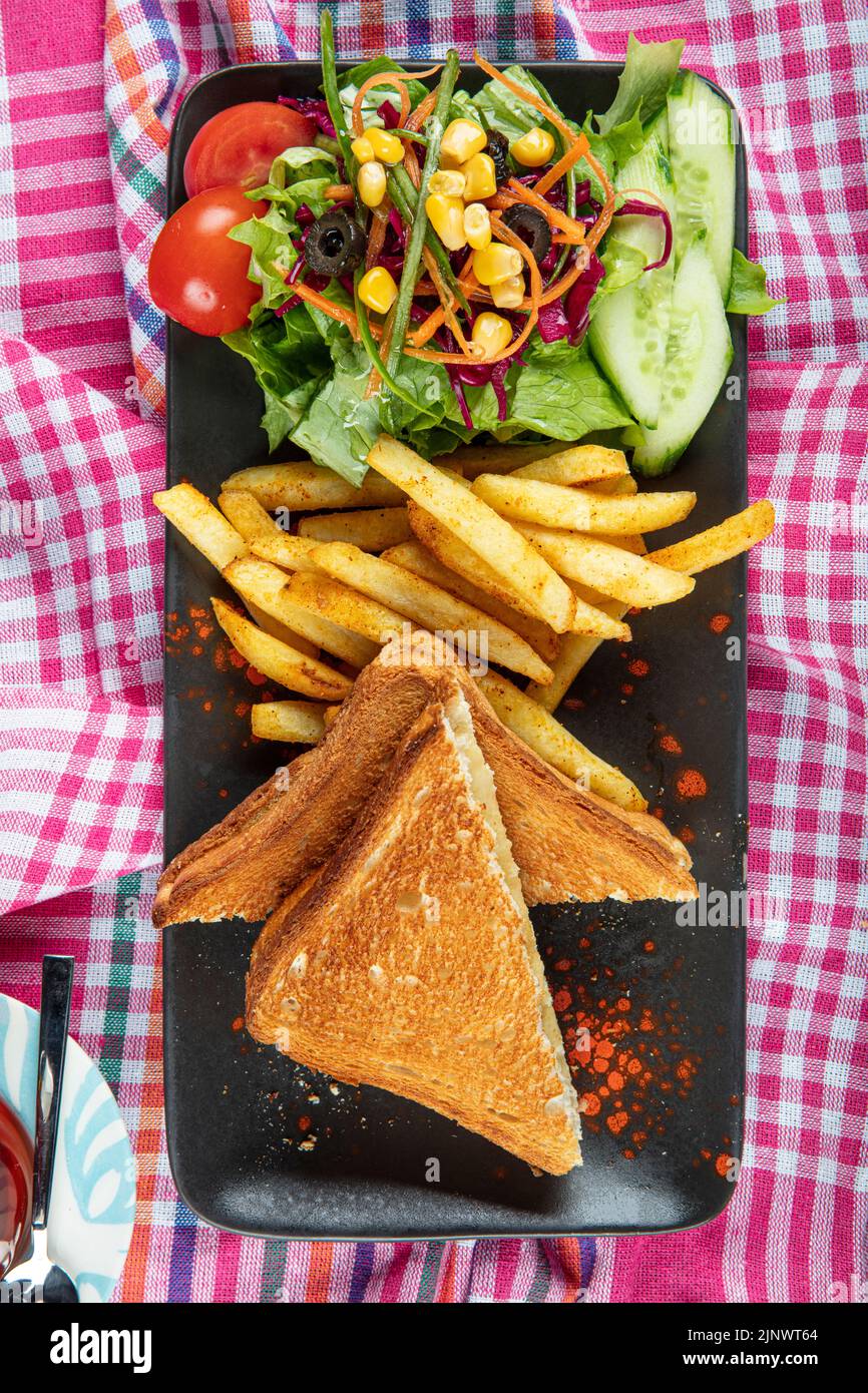 Cheese Club Toast.T asty toast sandwiches with cheese on table, top ...