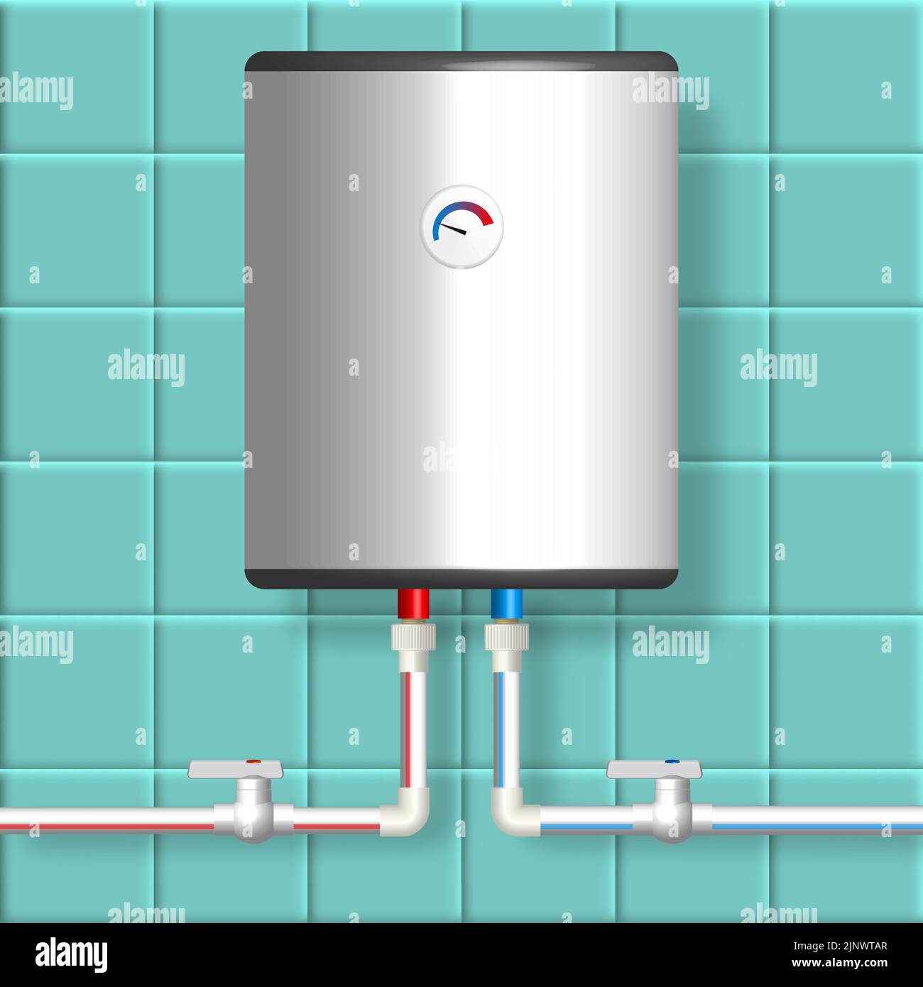 Plastic pipes for hot and cold water with a boiler and valves. Front